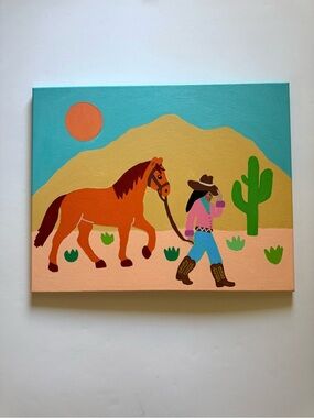 Southwestern cowgirl and Horse in Turquoise, Orange, Pink
